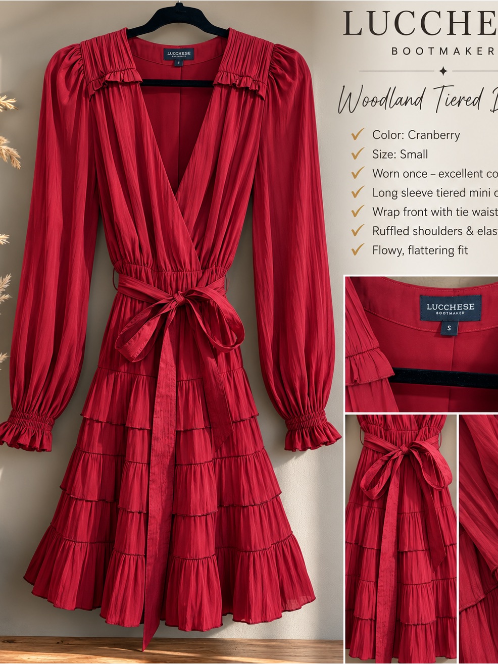 Lucchese Cranberry Ruffled Tiered Wrap Mini Dress